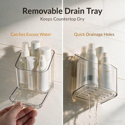 Toothbrush Holders for Bathroom - Detachable Divided Design, Drawer Drainage Tray, Adhesive Wall-Mounted/Countertop Dual-Use, Large Capacity Organizer for Bathroom/Kitchen/Office, Easy Install (Clear)