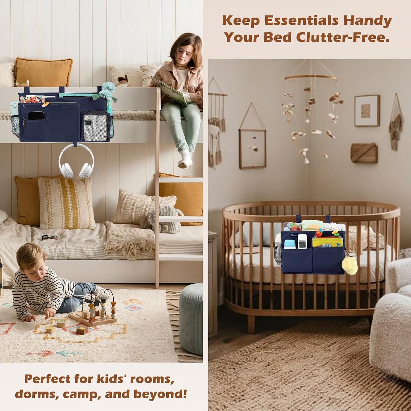Surblue Bedside Caddy Hanging Organizer Storage Bag Pocket for Bunk, Hospital, College Dorm Rooms, Baby Bed Rails, Camp - 4 Pockets, 2 Hooks (Blue)