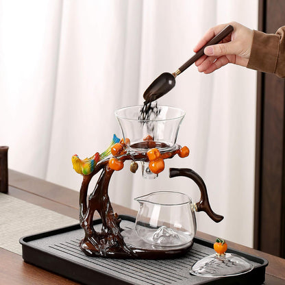 Glass Kungfu Teapot Set Tea maker with Infuser Semi Automatic Tea Set with 6 Small Cups (Red)
