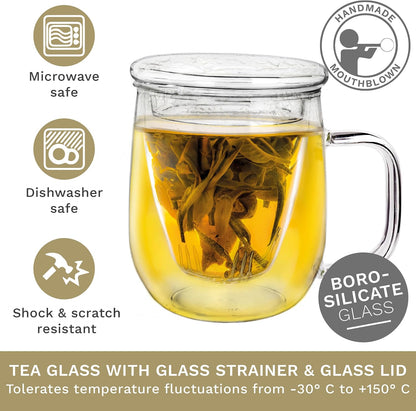 Creano Tea Glass with Infuser and Lid 400ml - Large Tea Cup - Microwave & Dishwasher Safe - Loose Leaf Tea Maker Gift Set