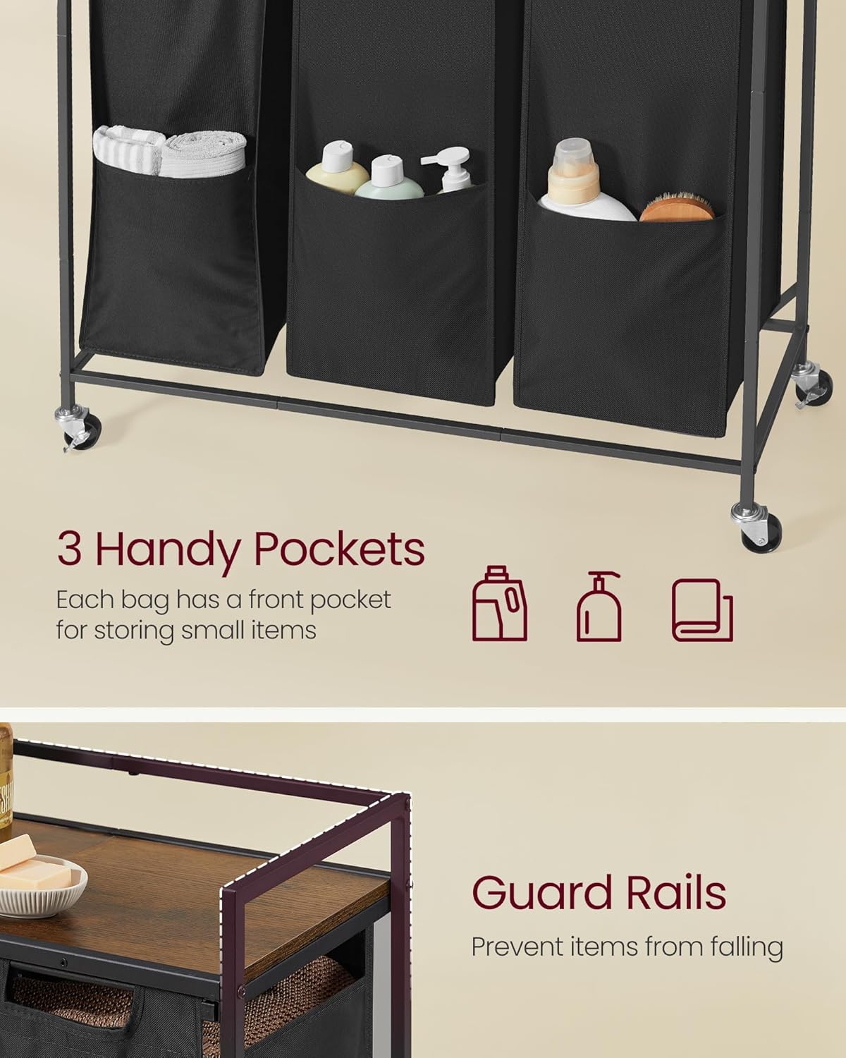 VASAGLE Laundry Sorter, 29 Gal. (110 L) Laundry Hamper Basket with 2 Compartments, Rolling Cart with Wheels, Shelf, Removable Bags, Pockets, Ink Black and Rustic Brown UBLH021B01