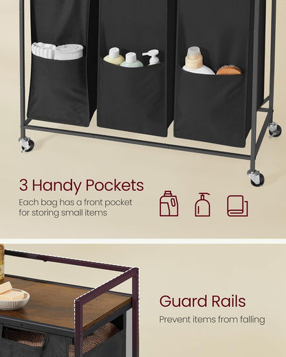 VASAGLE Laundry Sorter, 29 Gal. (110 L) Laundry Hamper Basket with 2 Compartments, Rolling Cart with Wheels, Shelf, Removable Bags, Pockets, Ink Black and Rustic Brown UBLH021B01