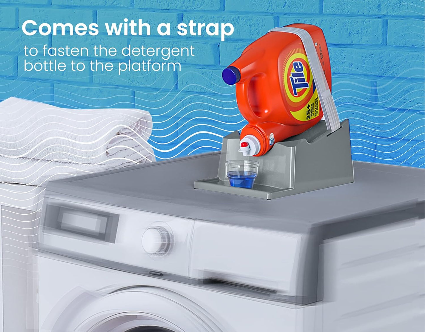 Liquid Laundry Detergent Holder Stand with Drip Tray - 1 Pack - White | Easy Pouring, Rubber Feet, Secure Strap, Angled Stand, Fabric Softener Dispenser for Laundry Room Organization & Storage