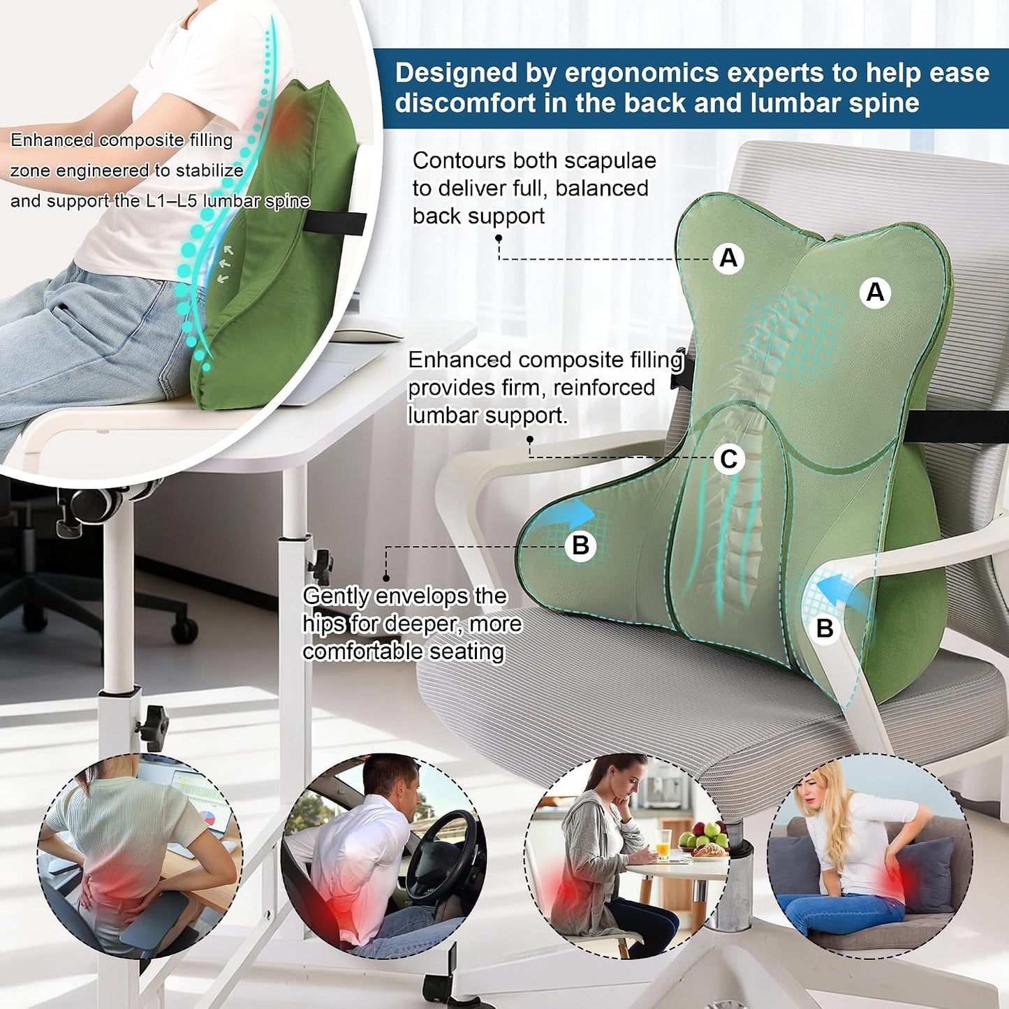 Lumbar Support Pillow(Pat. Pend) – Multi-Functional Ergonomic Back Cushion for Sofa Chair, Car Seat & Sofa, Reading Pillow with Firm Multi-Zone Support to Relieve Lower Back Pain, Misty White