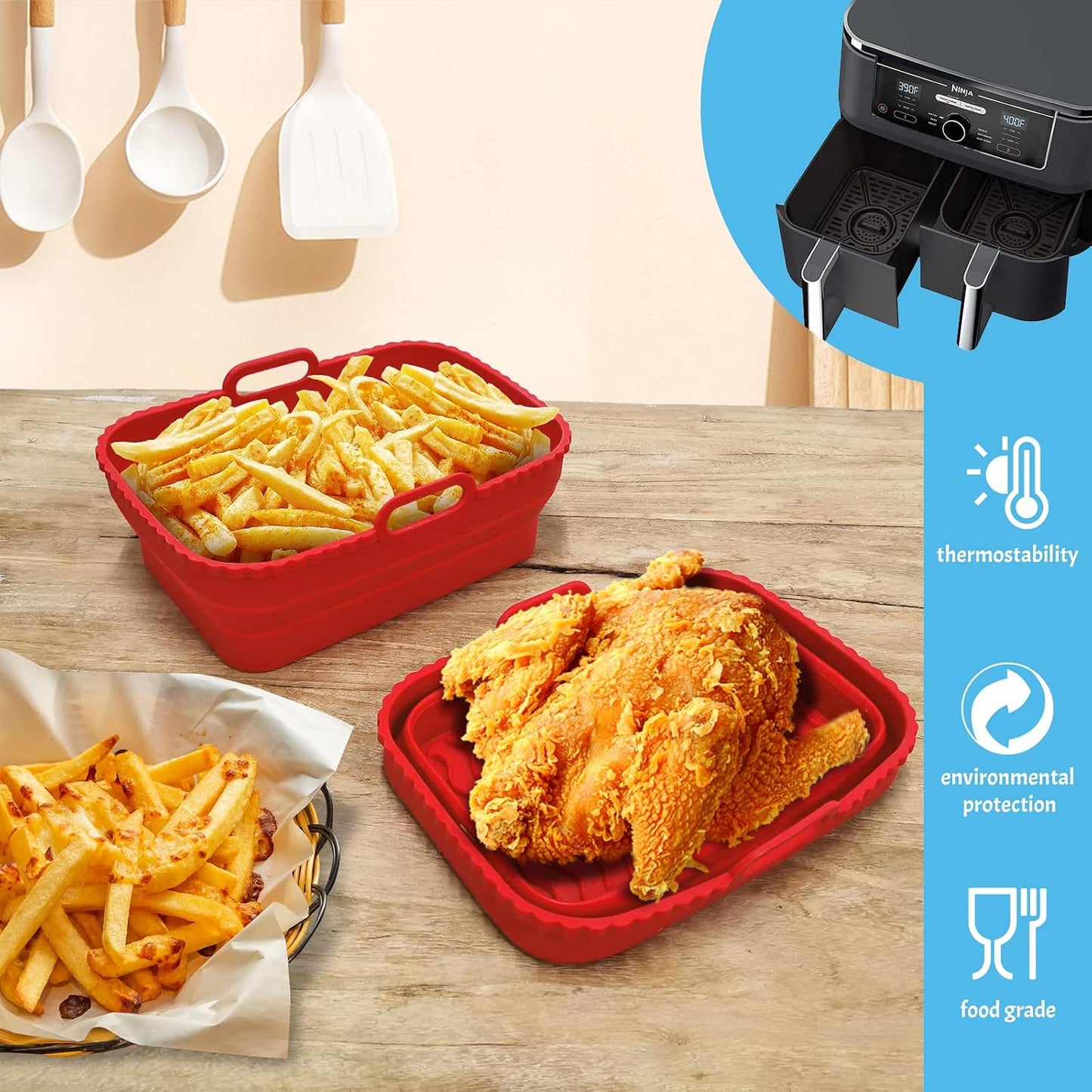 Daily Treasures 2-Pack Foldable Air Fryer Liners For Dual Air Fryer With 1-Pack Oil Sprayer Dispenser, Reusable Silicone Liner In Red