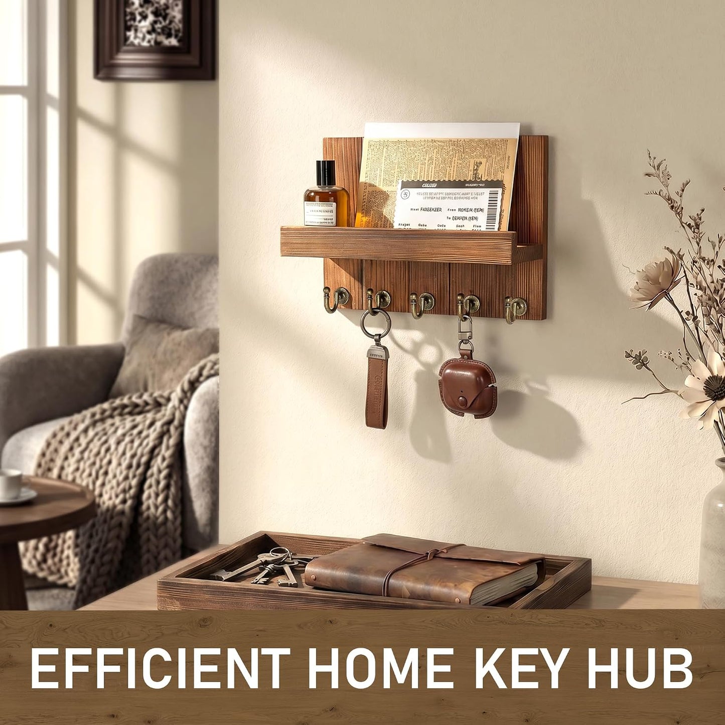 Rebee Vision Key Holder Wall Mount with 5 Key Hooks for Home Decor, Brown | 3.54'' x 10'' x 7.28'', Small Shelf for Display Plant, Key Hangers for Hat, Entryway Space-Saving Storage