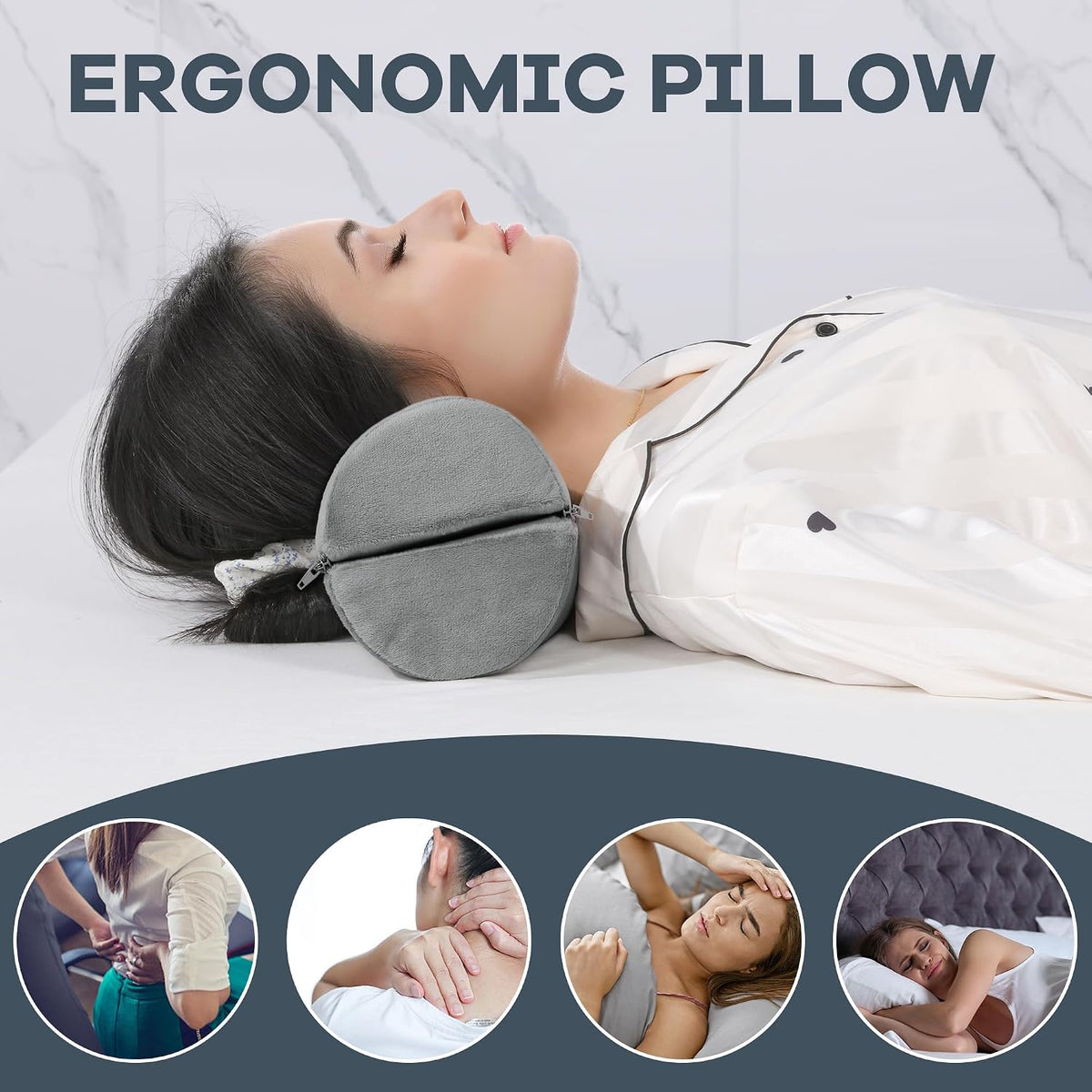 ROYALAY Neck Pillow for Sleeping Round Roll Pillow Including 2 Pack Half Moon Cervical Pillow, Foam Roll Pillow for Pain Reduce, Washable Bolster Pillow for Head Neck Back and Legs, Black