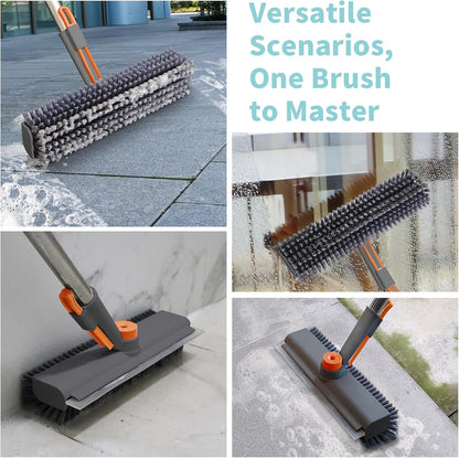 AIR U+ Floor Scrub Brush with Long Handle, 3-in-1 Rotating Head & Squeegee | Stiff Dual-Sided Bristle Scrubber for Shower, Bathroom, Kitchen and Patio, 30–50 In Handle for Easier Stand-up Cleaning