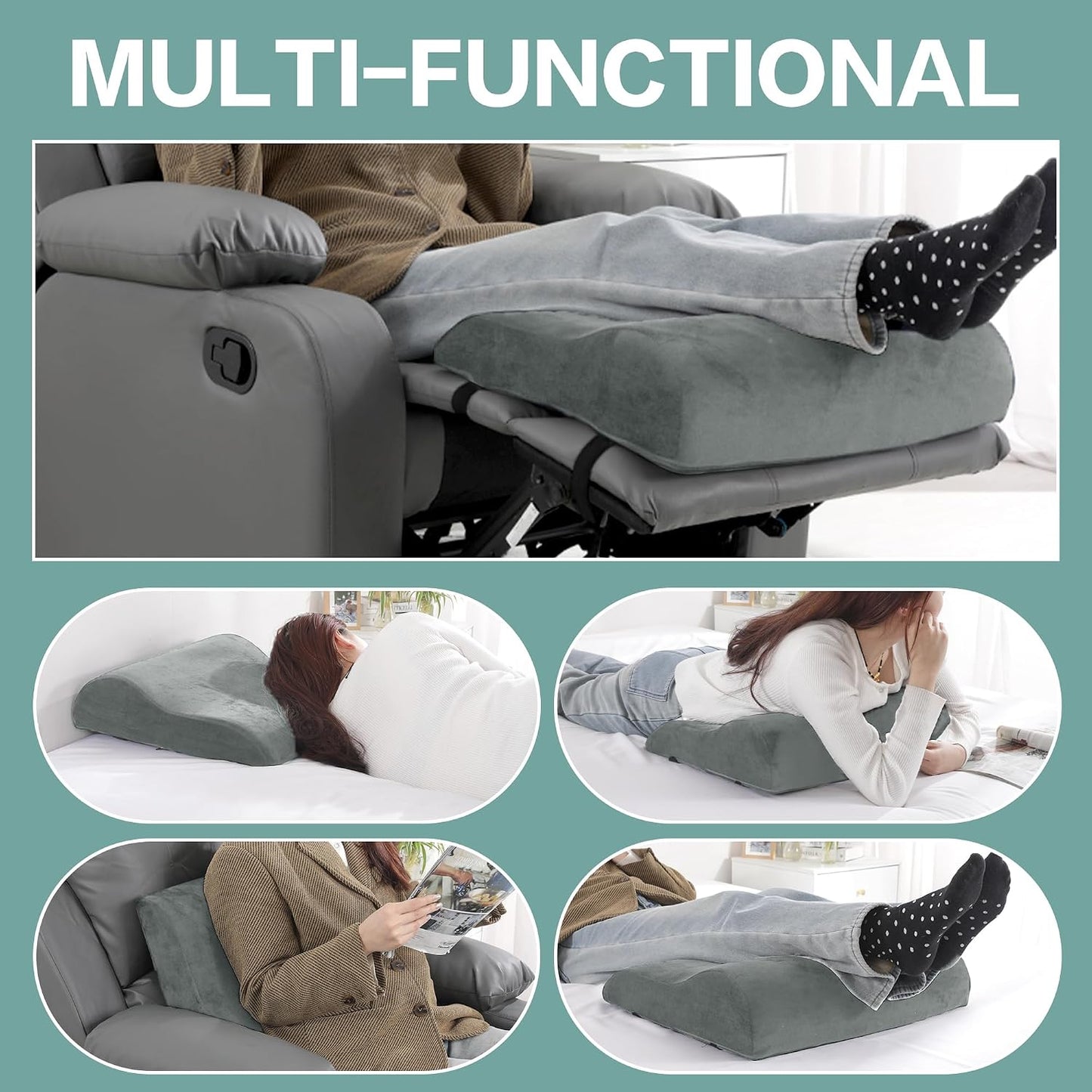 HOMBYS Extra Large Recliner Leg Pillow, Memory Foam Foot Rest Cushion Wave Shape Recliner Footrest Extender, Multi Purpose Back & Lumbar Support Pillow for Recliner, Bed, Sofa Couch,Grey