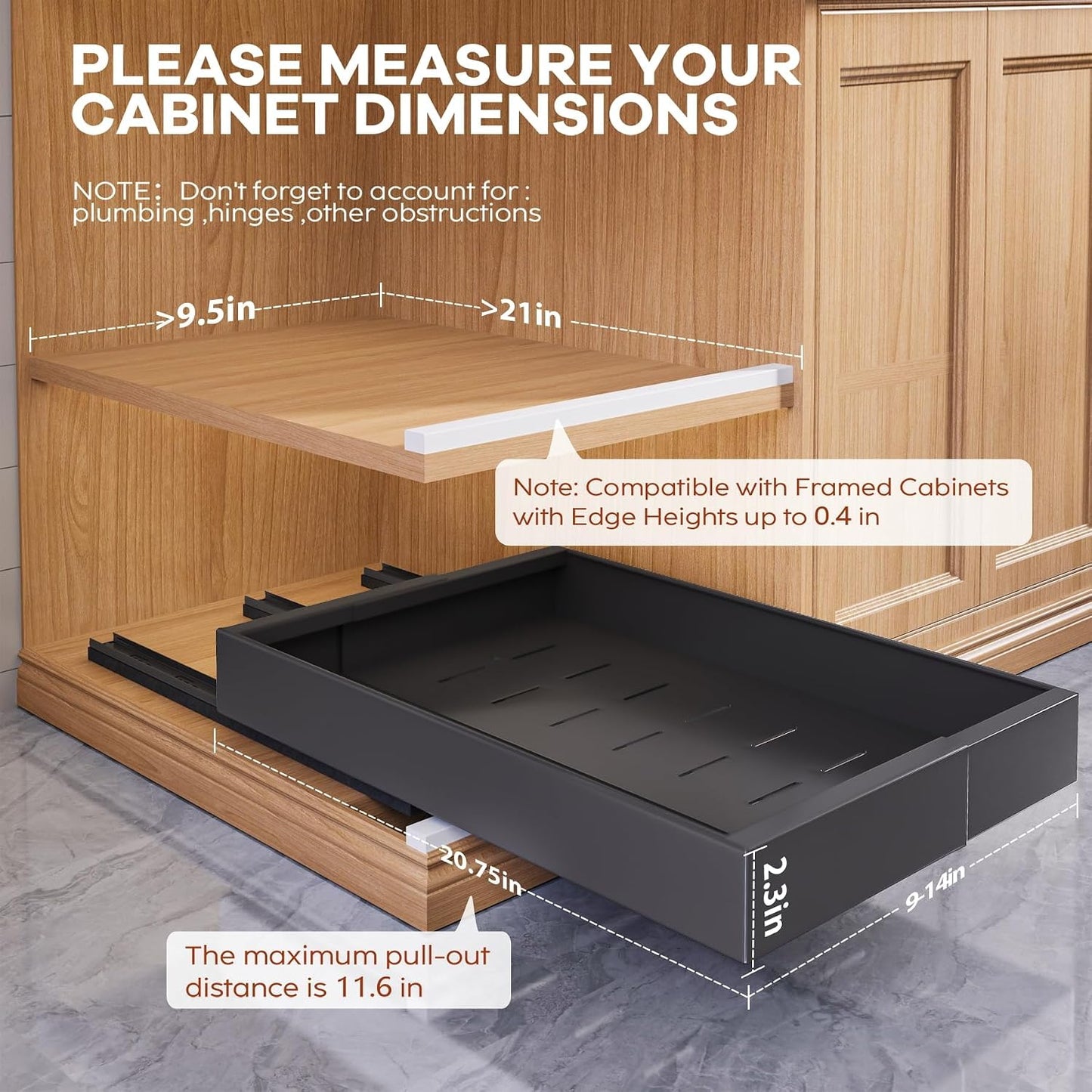 Seinloes 2 Pack Pull Out Cabinet Organizer for Wide Cabinets,Expandable 15.1"-26.3" Width,21" Deep Slide Out Drawers With Raising Pad for Framed Cabinets,3 Slide Rails,No Drill Roll Out Shelves,White