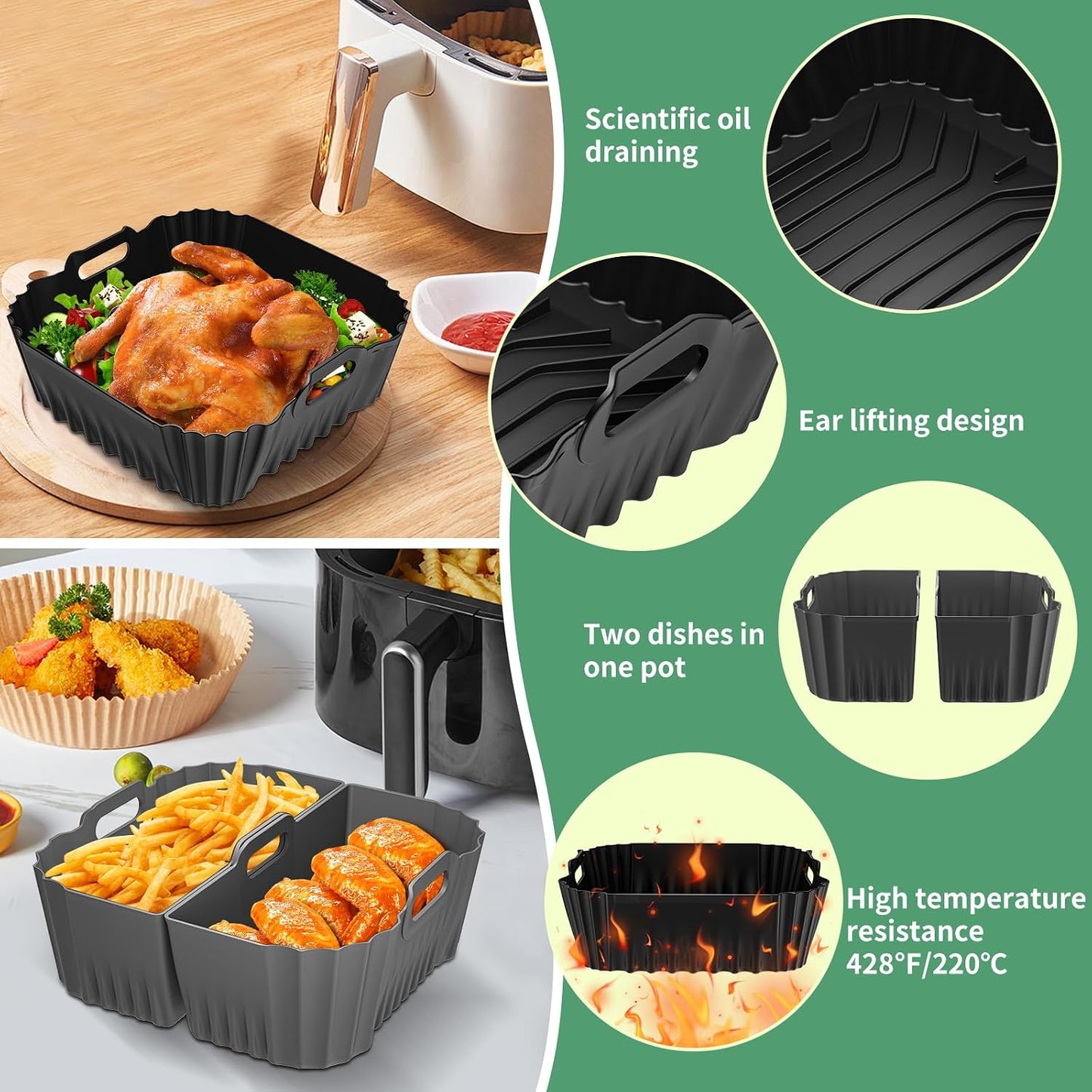 Air Fryer Silicone Liners Square for Chefman 8QT Air Fryer 3 Pack Reusable | Silicone Pot Baking Accessories for Instant, Nuwave, Gourmia and other 8QT to 10QT Large AirFryer, 2 In 1 Liners
