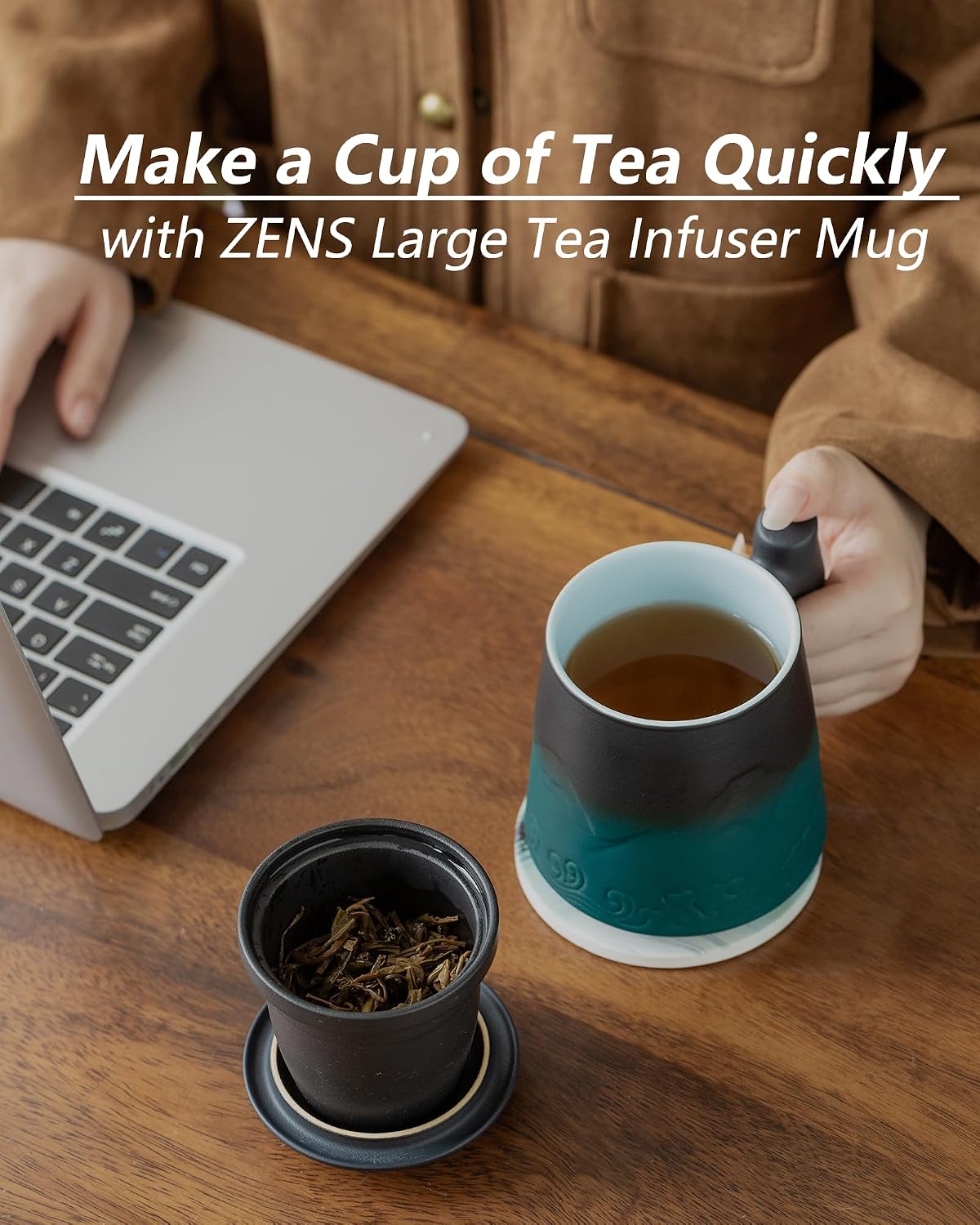 ZENS Tea Cup with Infuser and Lid & Coaster for Tea Steeper, 15oz Blue | Embossed Ceramic Tea Infuser Mug for Loose Leaf Tea Difussers, Tea Lovers Gifts, Nature Wood Handle