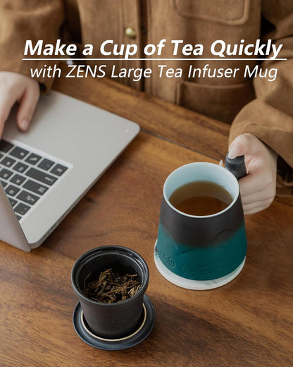 ZENS Tea Cup with Infuser and Lid & Coaster for Tea Steeper, 15oz Blue | Embossed Ceramic Tea Infuser Mug for Loose Leaf Tea Difussers, Tea Lovers Gifts, Nature Wood Handle
