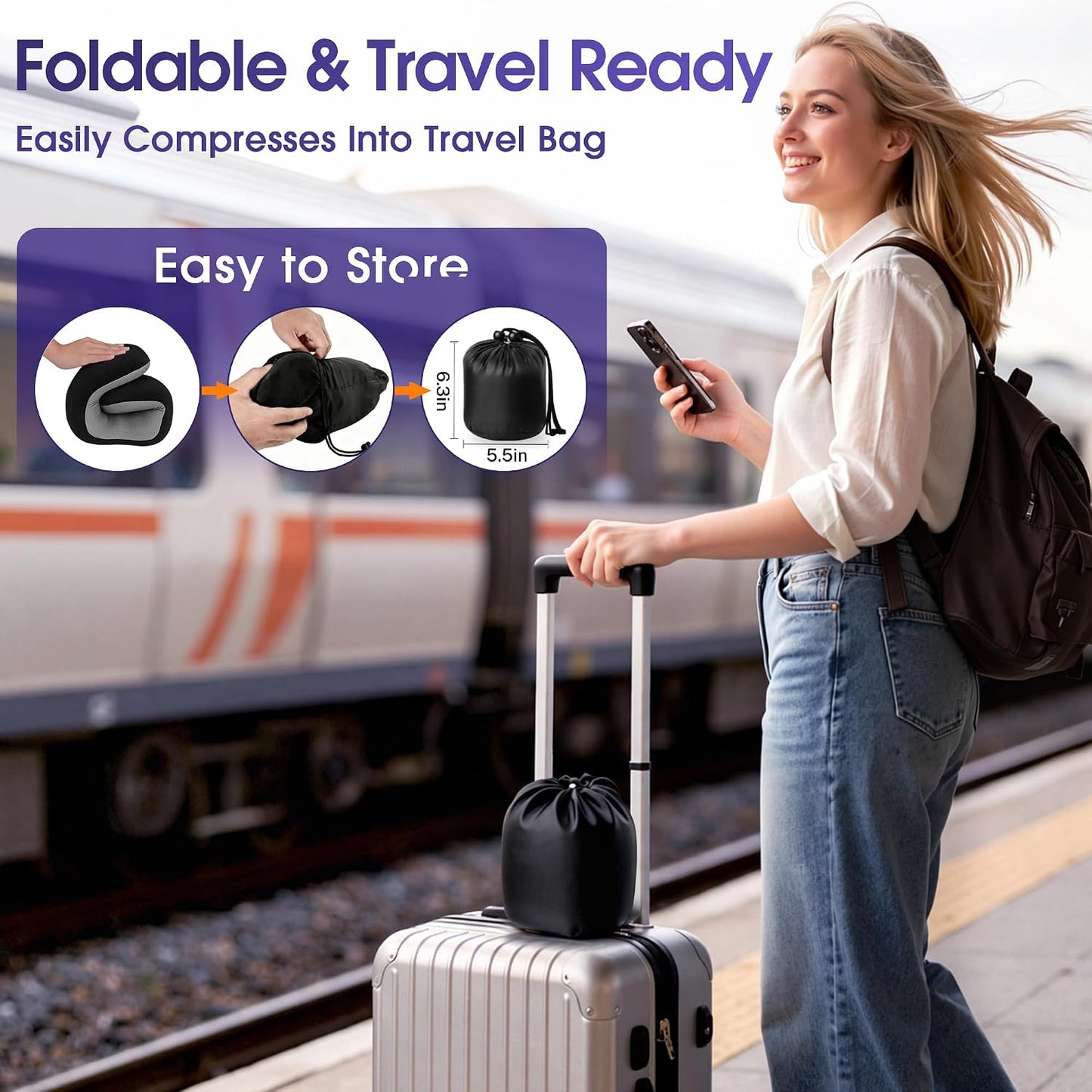 CloudBliss Neck Pillow for Airplanes, Memory Foam Travel Pillow, Black | Compact Flight Pillow with Eye Mask, Earplugs, Carry Bag, Travel Neck Pillow for Long Flight Sleep, Plane Travel Essentials