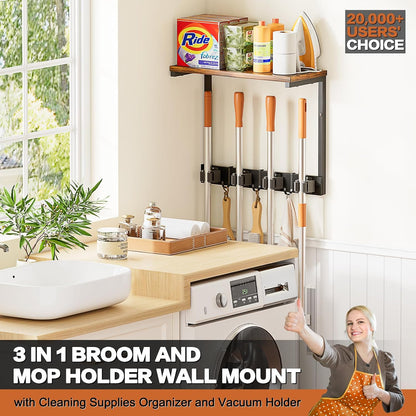 Broom Holder Wall Mount with Cleaning Supplies Organizer, Laundry Room Organization and Storage Shelves with Mop Hanger Rack Gripper Hooks, Utility Shelf Closet Organizer for Home Garage Kitchen