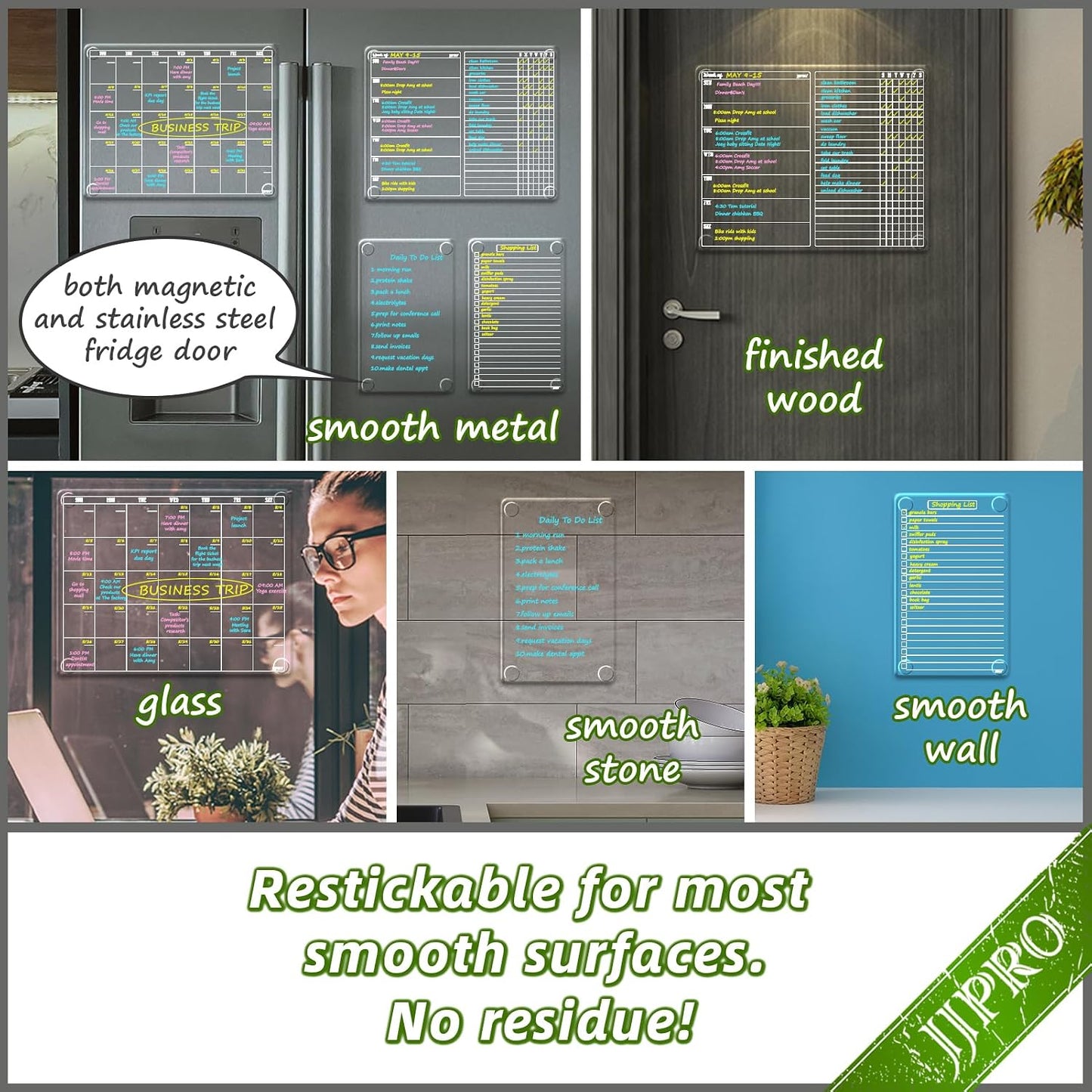 JJPRO Non-Magnetic Dry Erase Calendar for Fridge, Monthly Calendar, Weekly Planning Board Bundle for All Smooth Surfaces. Clear Reusable Calendar Stick to Fridge,Cabinet,Door&Glass
