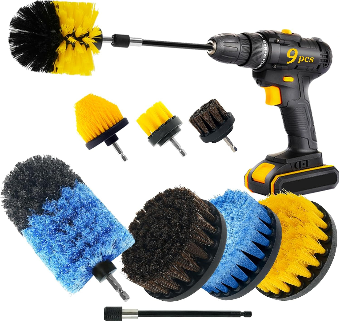 9 Pcs Drill Brush Attachments Set Fluffy Soft and Hard Bristles Horsehair Brush Cleaning Kit for Home Bathroom Car Kitchen Corners Sink Stubborn Stains Tiles