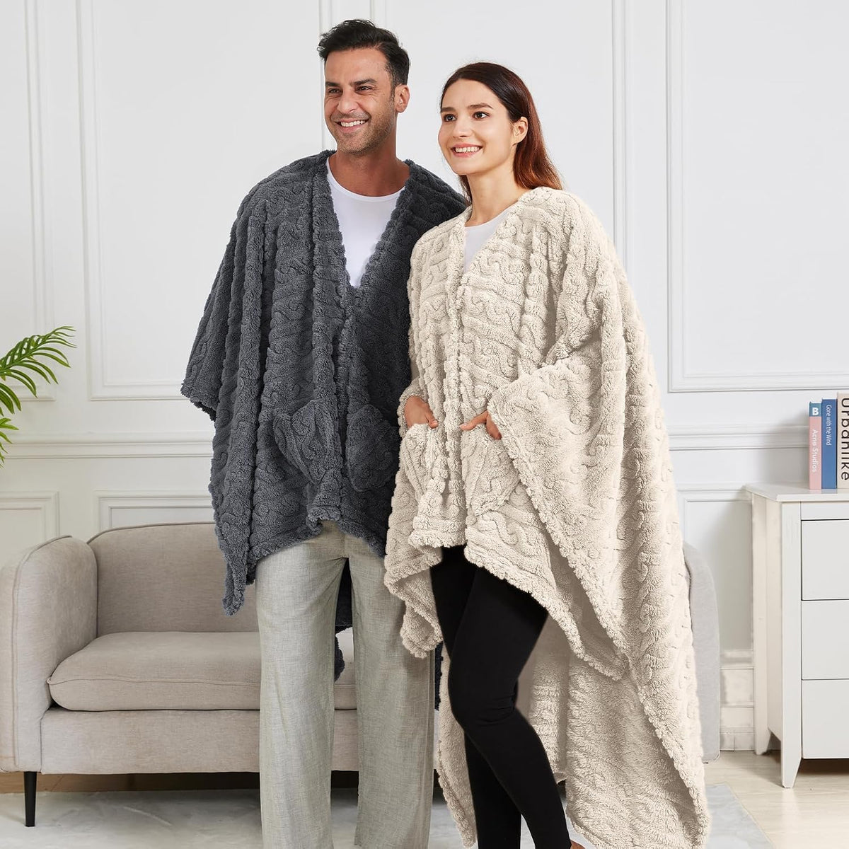 Wearable Blanket Sherpa Fleece Shawl Blanket with Pockets Blanket Poncho Cape for Adults, Cozy Shawl TV Throw Blankets