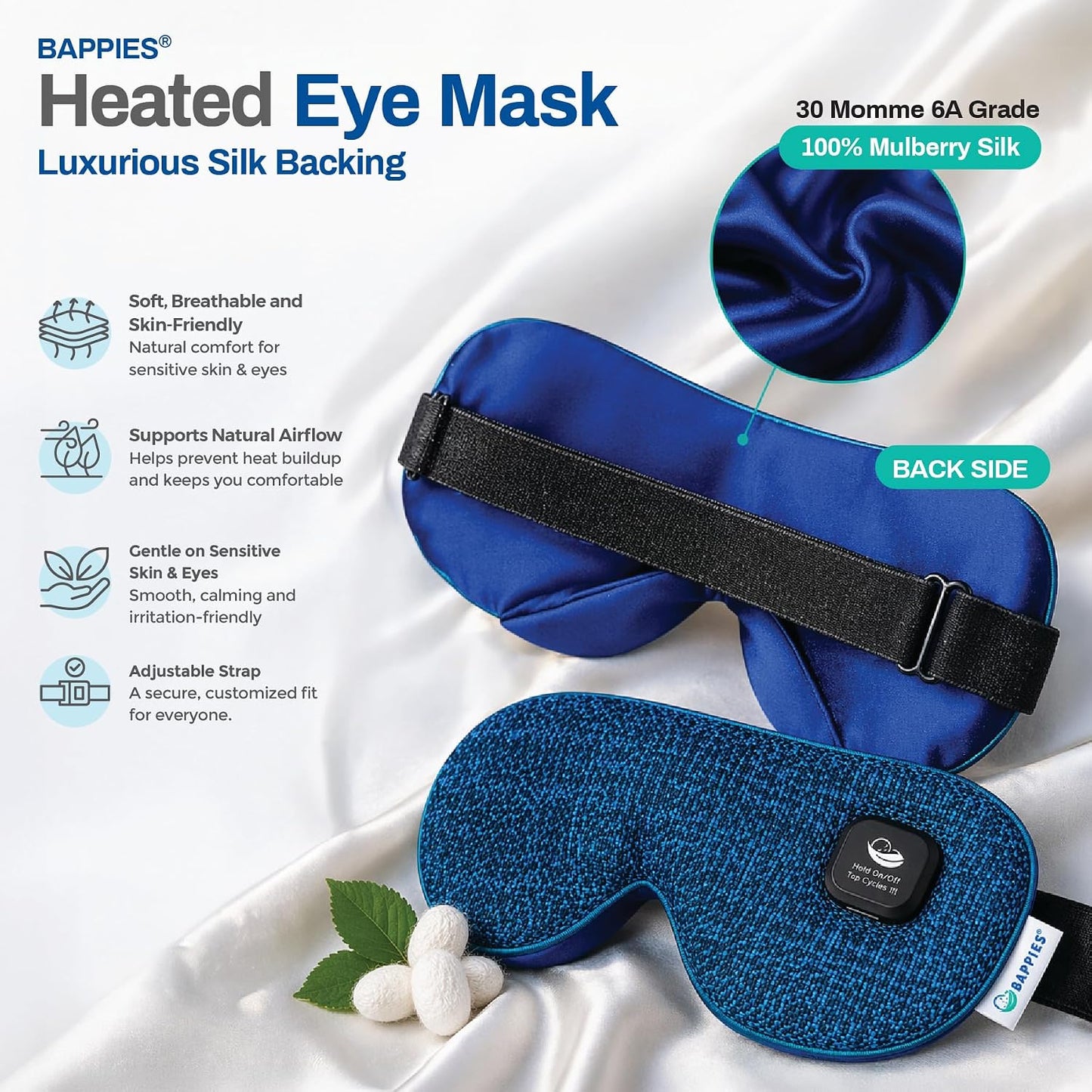 Heated Eye Mask, 30 Momme 6A Grade Mulberry Silk, Royal Blue, 3 Heat Levels, USB-C Rechargeable, 15 Min Auto-Off, 1 Year Warranty