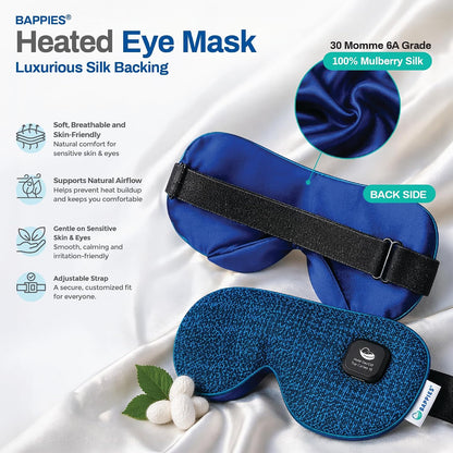 Heated Eye Mask, 30 Momme 6A Grade Mulberry Silk, Royal Blue, 3 Heat Levels, USB-C Rechargeable, 15 Min Auto-Off, 1 Year Warranty