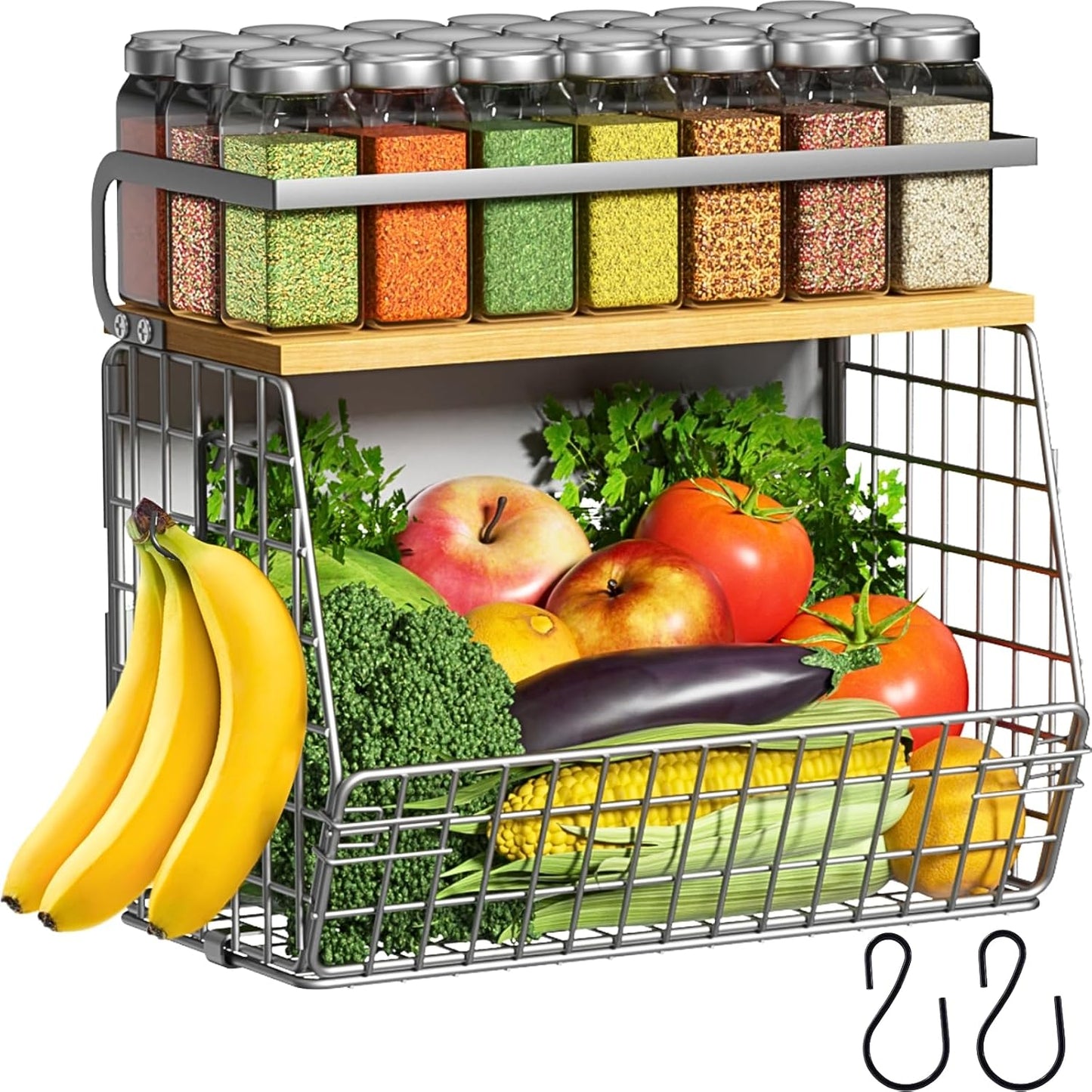 Magnetic Shelf for Fridge with Wood Lid, Fruit Potato and Onion Storage Bins, Pantry Organizers & Storage, Large Container Magnetic Spice Rack for Refrigerator, Kitchen Counter, Cabinet | Strong magnet holds 50lbs, ventilated bin for produce, versatile