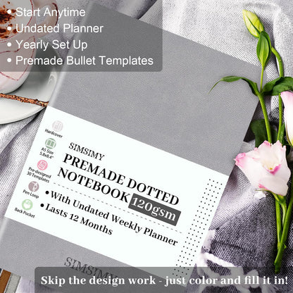 Premade Dotted Journal Notebook with Bullet Templates, Pre-made Dot Grid Journaling with Undated Weekly & Monthly Planner, Various Trackers - 12 Month Organization, A5 Hardcover