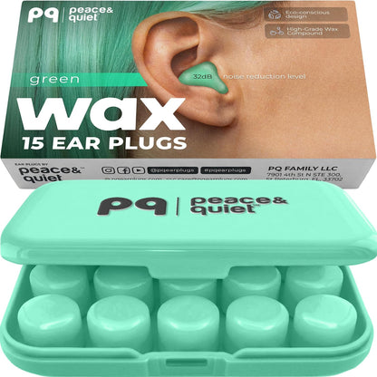 Peace&Quiet PQ Wax Ear Plugs for Sleeping, Swimming - 15 Soft Noise Cancelling Silicone Gel Wax Earplugs for Sleep and Swimmers, Ear Protection with Sound Blocking Level of 32 Db, (15-Pillows)