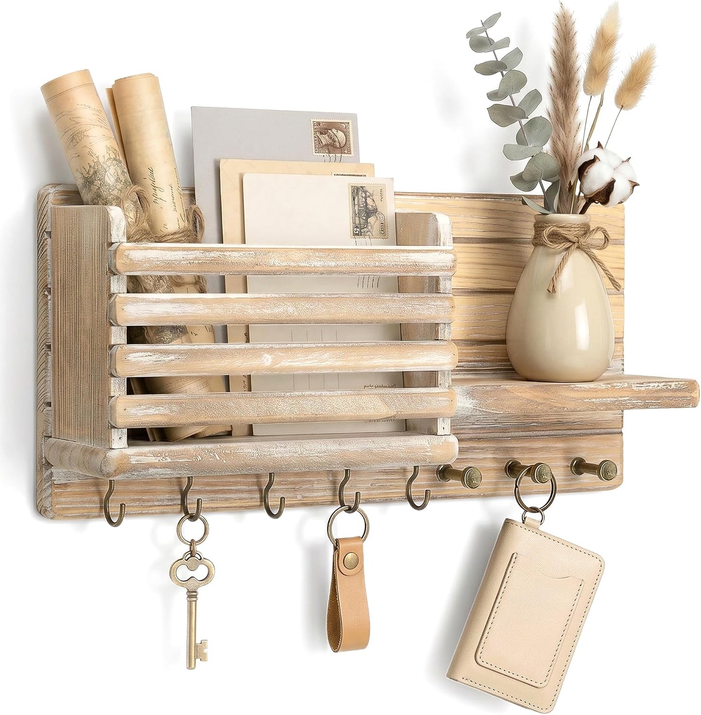 Rebee Vision Key Holder Wall Mount with Mail Slot for Entryway, Retro Brown | Pine Wood, Key Holder for Wall, 8 Hooks for Dog Leashes, Floating Shelf, Mail Sorter, New Home Essentials, Entryway Storage
