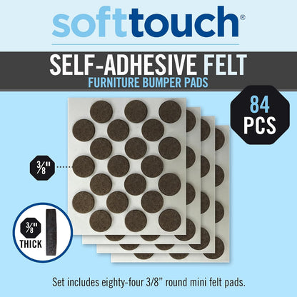 SoftTouch 3/8" Round Mini Self-Stick Furniture Slider Felt Pads for Hard Surfaces, Noise-Reducing Adhesive Furniture Moving Pads for Beds, Sofas, Dressers, 84-Count, Brown