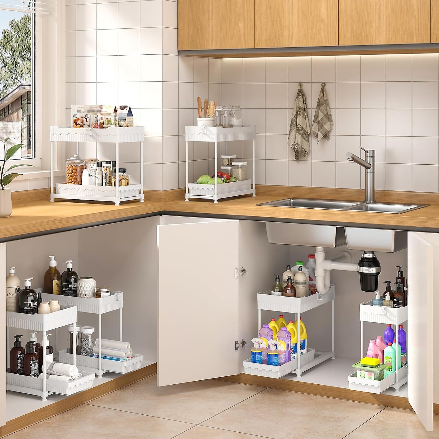 3-Pack 2-Tier Under Sink Organizers with Sliding Drawers | Multi-use kitchen & bathroom storage, 12.8 inch black cabinet organizer, space-saving sliding drawer design.