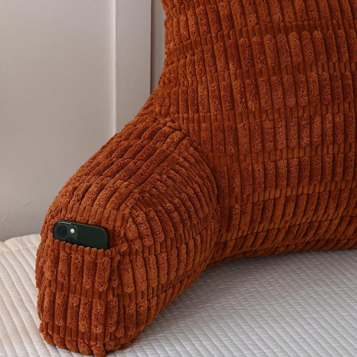 Faux Fur Reading Pillow for Sitting in Bed, Large Backrest Bed Pillow with Arms, Back Support Pillow for Lounging Bedrest, Beige