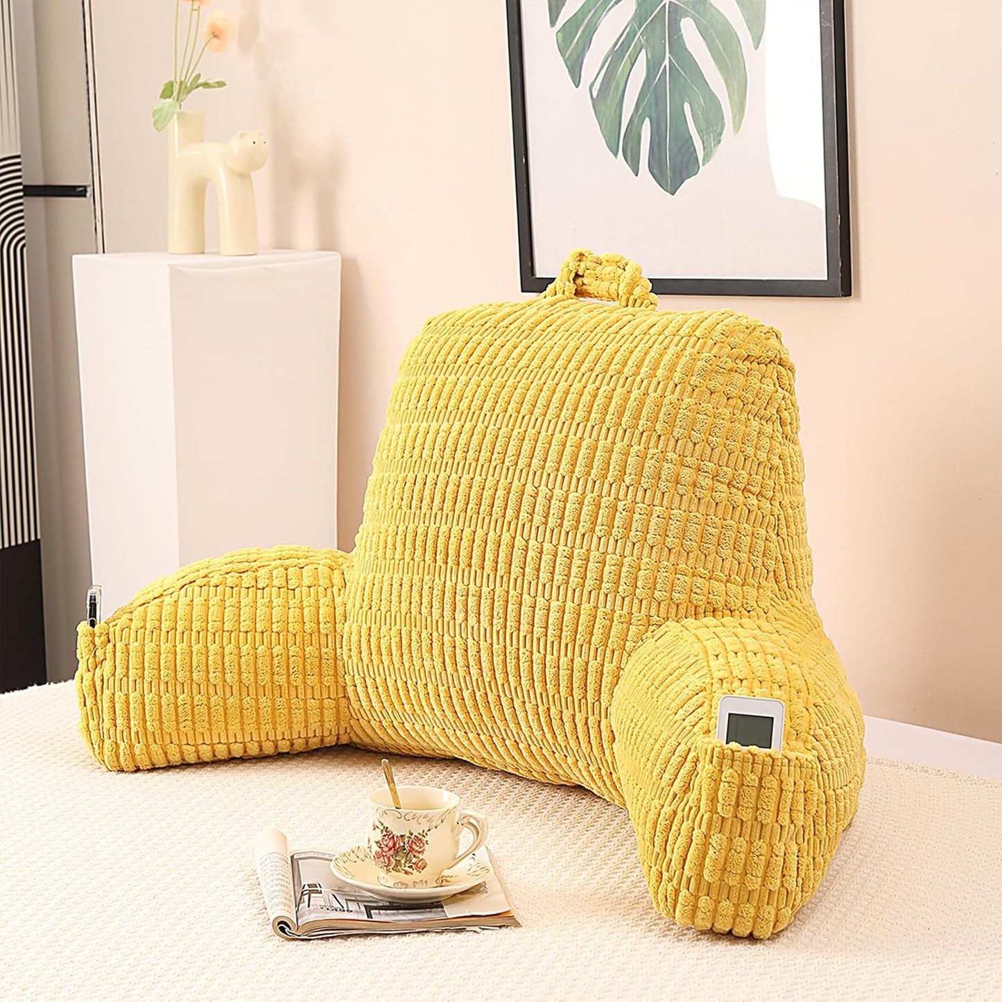 Reading Pillow with Arms for Sitting in Bed,Backrest,White Flannel,M | 17" Backrest Supports Back for College Students,Elbows & Forearms for Dorm Reading,Gaming,Watching TV