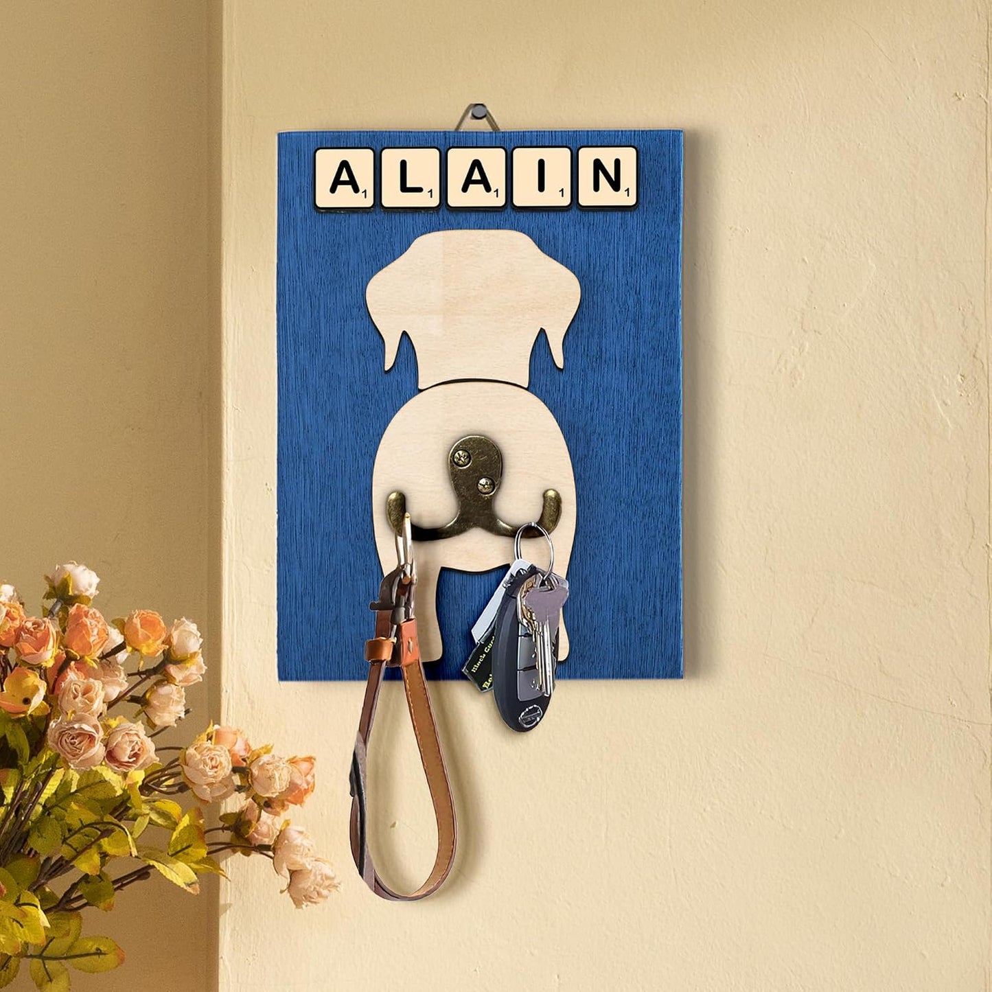 Dog Leash Holder Wall Mount, Pet Harness Hanger with Scrabble Letters, Dog Collar Organizer for Entryway, Memorial Cat Leash Holder for Wall, Pet Loss Gifts, Keepsake, Home Decor PF212-NAT