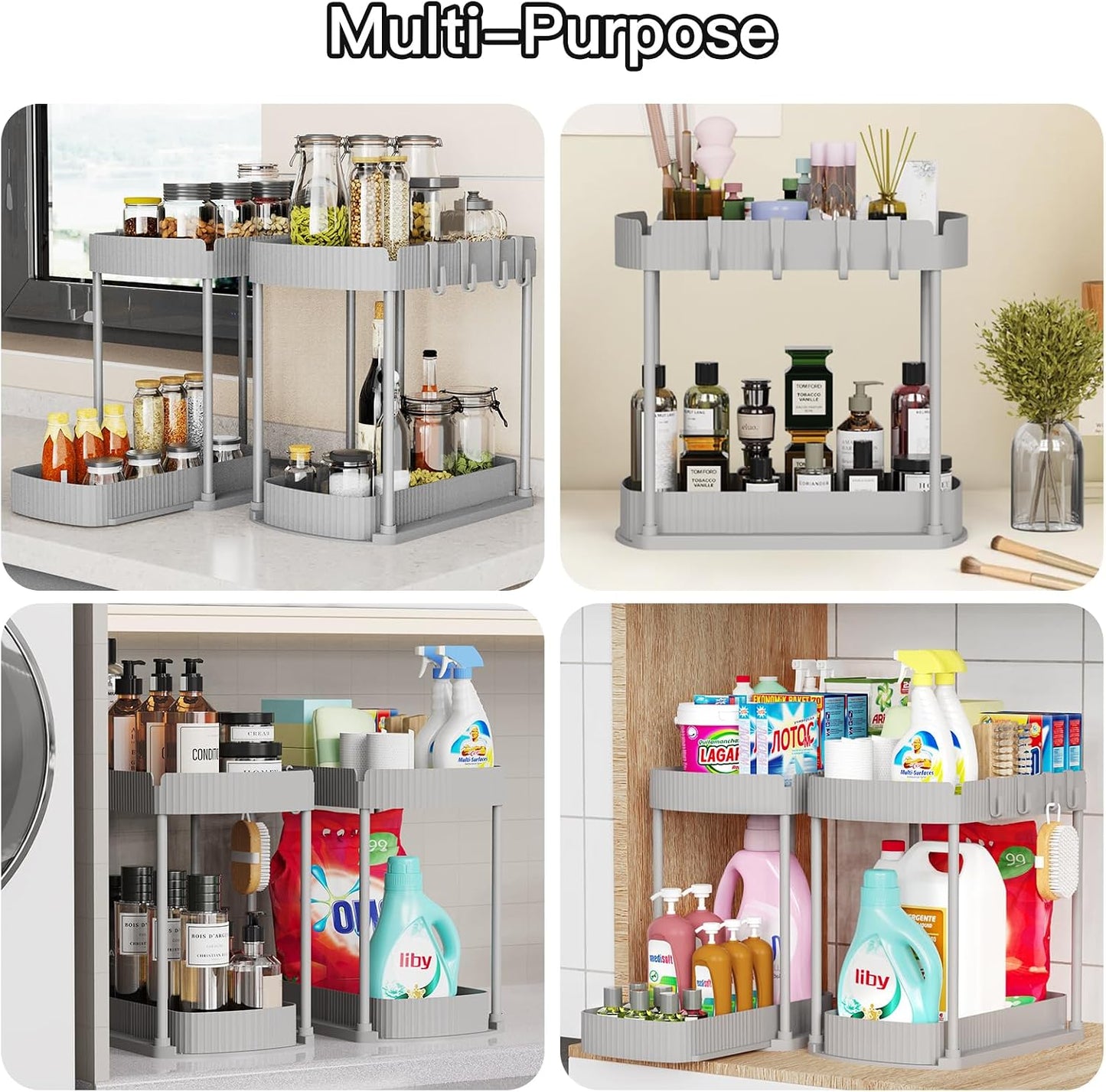 2 Packs Under Sink Pull-Out Storage Organizers, 12.8 Inches, Black | Multi-Purpose Cabinet Organizers and Storage for Bathroom & Kitchen