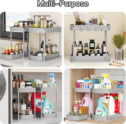 2 Packs Under Sink Pull-Out Storage Organizers, 12.8 Inches, Black | Multi-Purpose Cabinet Organizers and Storage for Bathroom & Kitchen