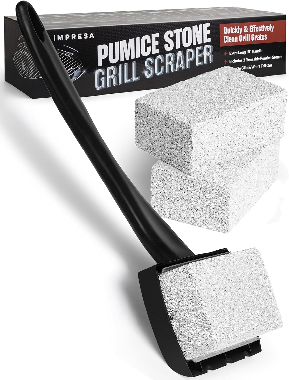 Impresa Pumice Stone Grill Brush - 5 x 2 in Head, 16 in Handle, Pack of 3 Replacement Bricks - Grease Removal BBQ Cleaning Stone - Ergonomic Long Handle Griddle Cleaning Kit - Versatile Grill Scraper