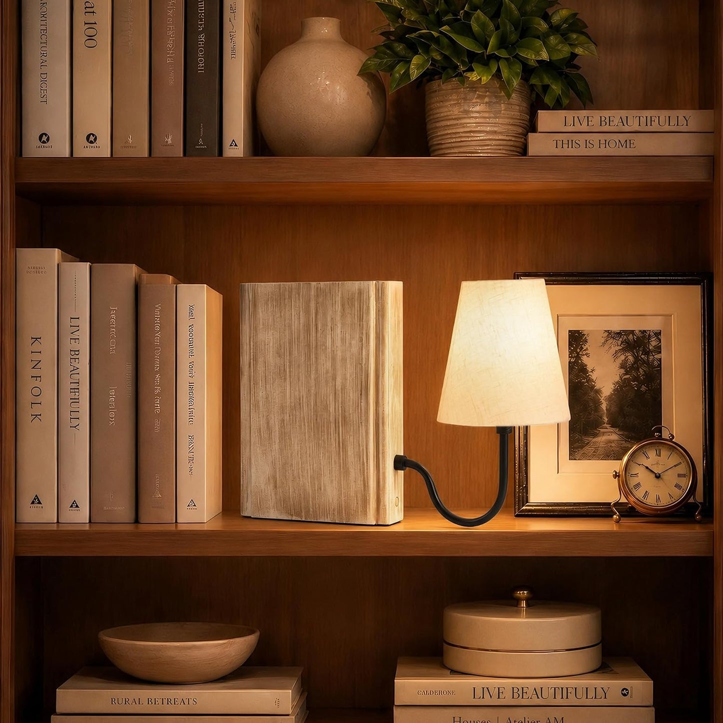 AELS Solid Wood Bookshelf Lamp with Bulb, Cordless Rechargeable Touch Dimmable Table Lamp with Linen Fabric Shade, Modern Decorative Bookend Lamp for Bedroom, Office & Bookshelf Decor, Dark Brown
