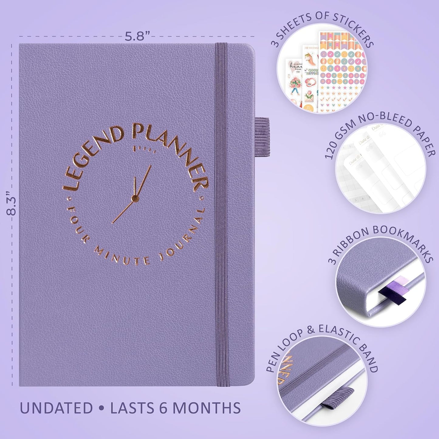 Legend Four-Minute Journal with Prompts & Habit Tracker – Daily Gratitude Journal for Women & Men – Guided Positivity, Self-Reflection & Affirmation Notebook (Lavender)