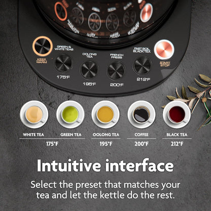 Viante Alba Electric Tea Kettle With Infuser, No Plastic, 1.5L | Borosilicate glass & 304 stainless steel construction. 4 temp presets, keep-warm, cordless, auto shut-off