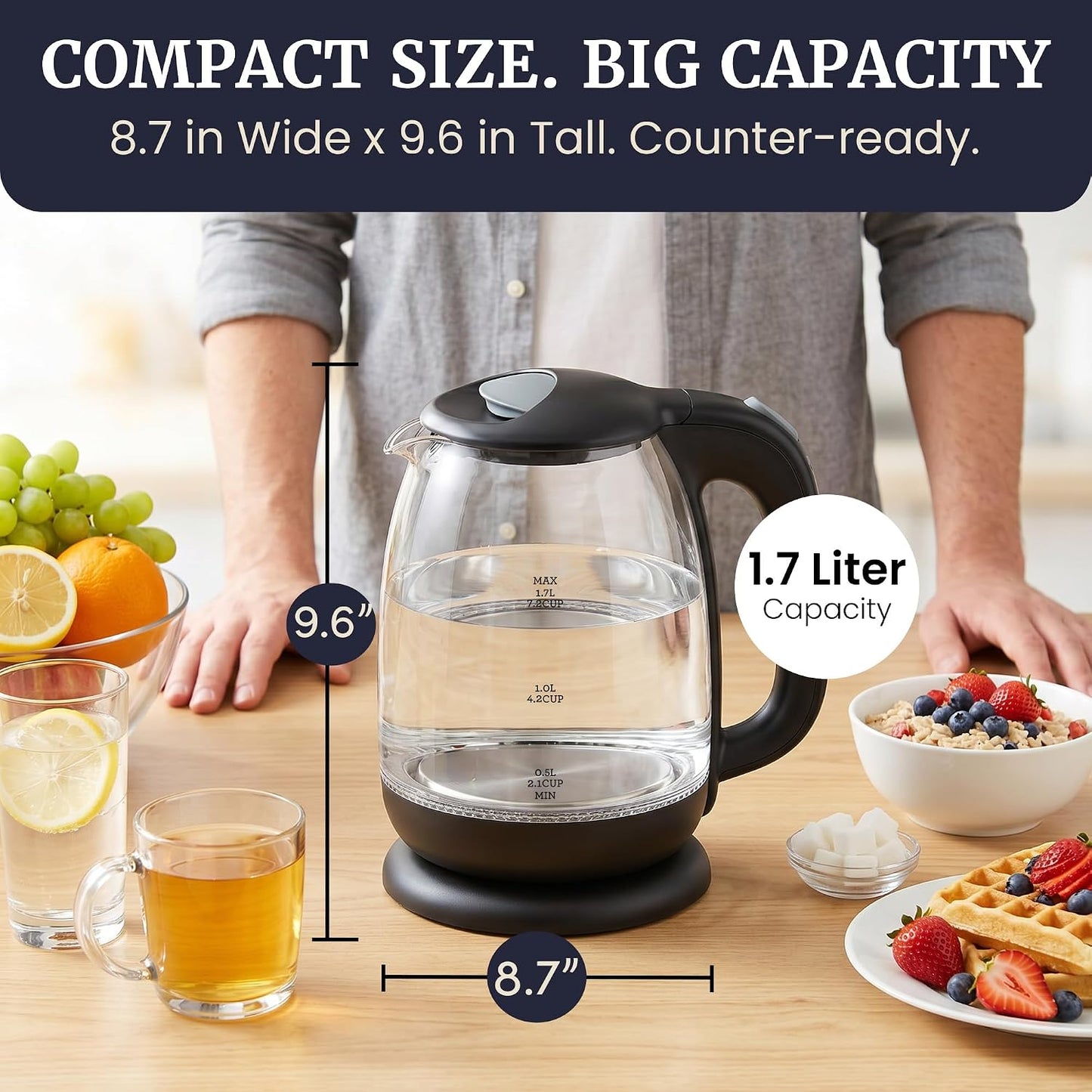 Elite Gourmet EKT1792M 1.7L Glass Kettle, Blue LED, Rapid Boil, 7.2 Cups | Auto Shut-Off, Boil-Dry Protection, 360° Cordless Base, Hot Water for Tea, Coffee & Oatmeal