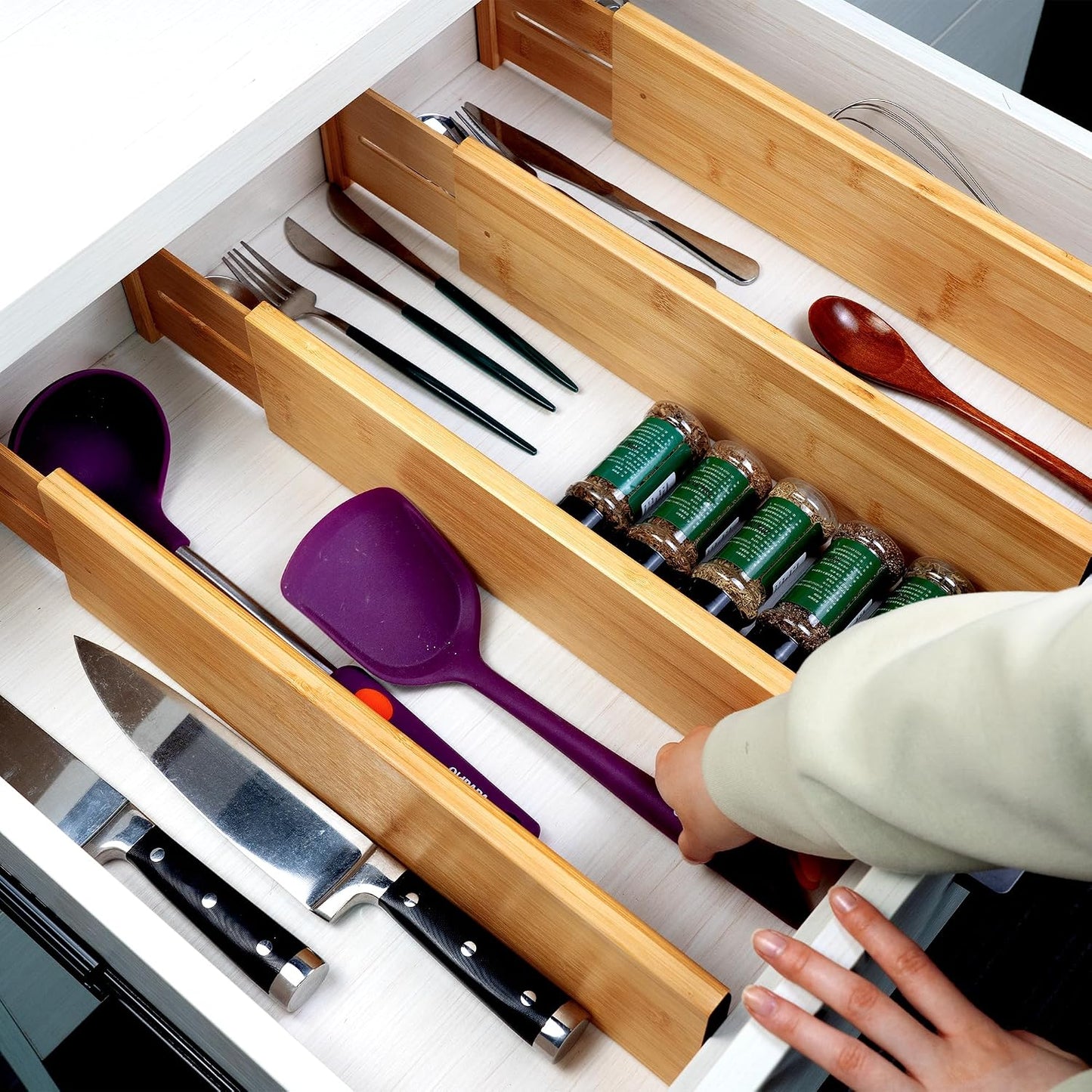 Utoplike 4 Pcs Bamboo Kitchen Drawer Dividers, Large Drawers Organizers | Adjustable Spring Loaded Expandable Organization, Works in Dresser, Bathroom, Bedroom, Office, Fit 17.8"-20.6" Drawer, 2.4"H