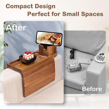 Couch Cup Holder for Armrests Over 4.9" Wide with 360° Phone Stand Walnut | Couch Arm Tray with 360° Rotating Phone Stand, 3 in 1 Foldable Sofa Arm Tray Table for Remote, Snacks, Phone, Drinks