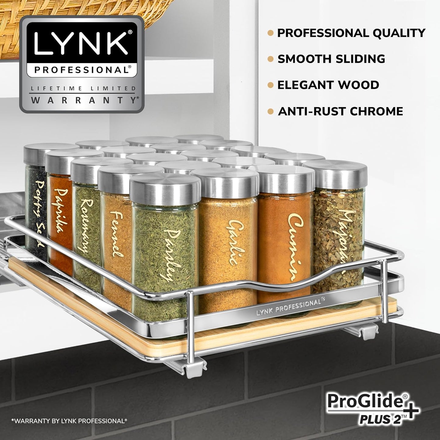LYNK PROFESSIONAL® Pull Out Spice Organization for Cabinets - 4-3/8 inch Wide – Spice Rack for Inside Cabinets, Slide Out Spice Rack Organizer for cabinet – Pull Out Spice Rack, Sliding 2 Tier Chrome