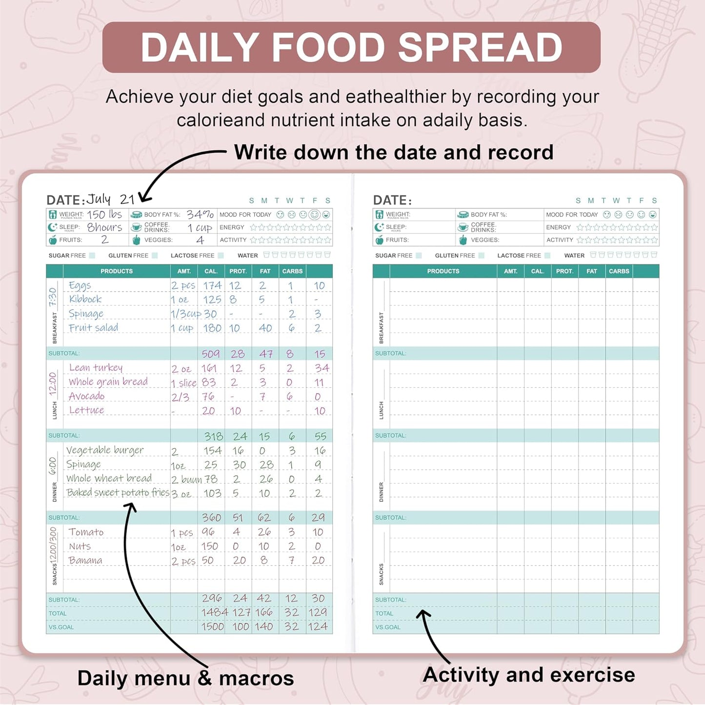 Food Journal - Journal for Women Weight Loss, 5.8" x 8.3", 6 Months Meal Planner to Count Calories Health Journals for Women/Men, Keep Healthy Diet & Achieve Fitness Goals - Rose Gold