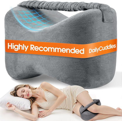 Knee Pillow for Side Sleepers with Strap, Supportive Memory Foam Leg Pillow for Side Sleeping & Spine Support, Ergonomic Curved Design for Hips and Back, Light Grey