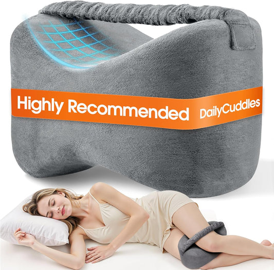 Memory Foam Knee Leg Pillow for Side Sleepers with Strap, Grey