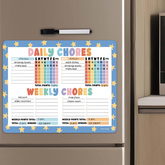 Hadley Designs Magnetic Chore Chart for Kids Multiple - Chores Board for Refrigerator, Dry Erase Task Chart for 2 Kids Daily Behavior, Family Weekly Planner Teens and Adults, Boho Pastel Chore Board