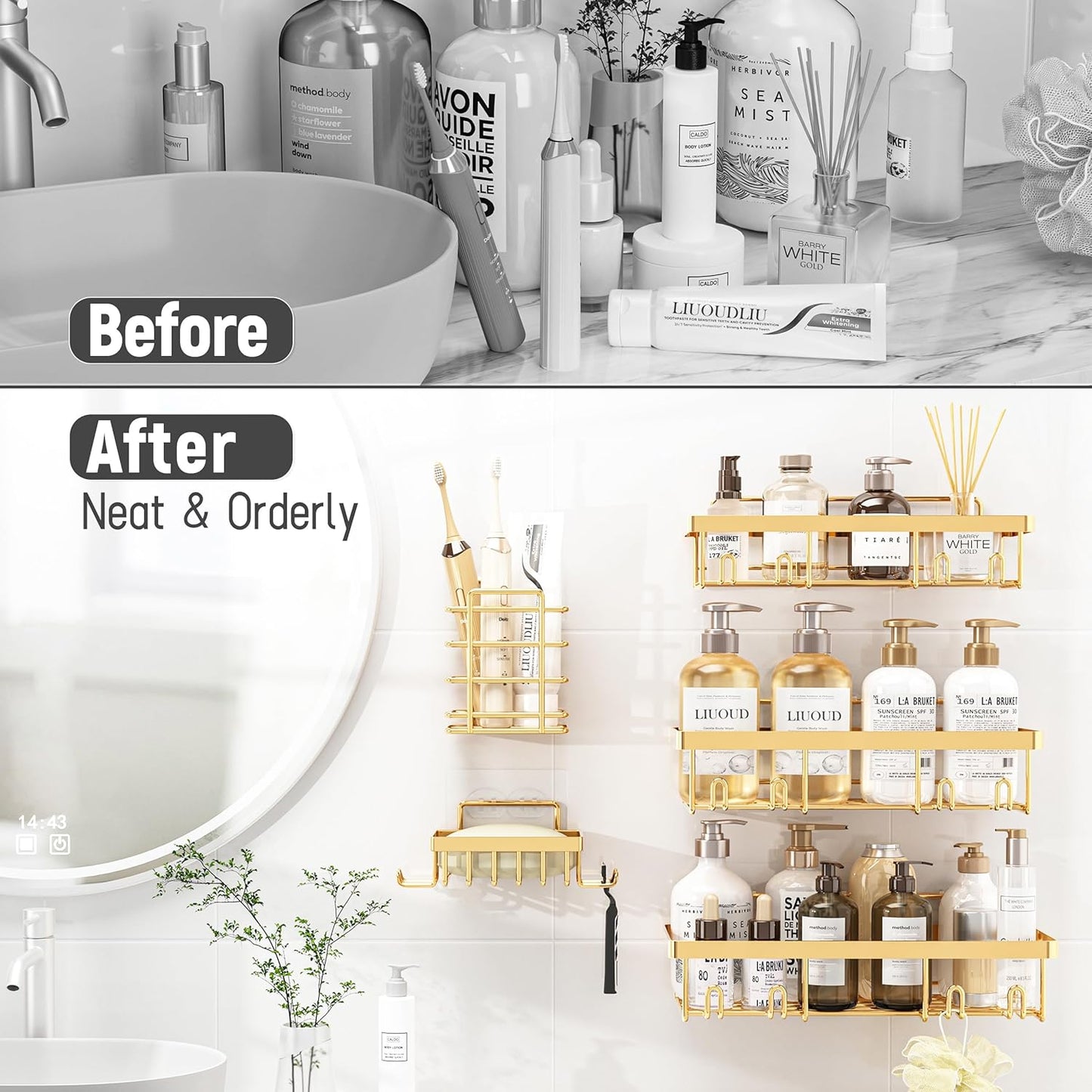 Liuoud 5 Pack Shower Caddy for Inside Shower, Gold Bathroom Storage Decor | Large Rustproof Stainless Steel Organizer with Strong Adhesive, No Drilling Wall Mounted Shelves, Bathroom Accessory Set