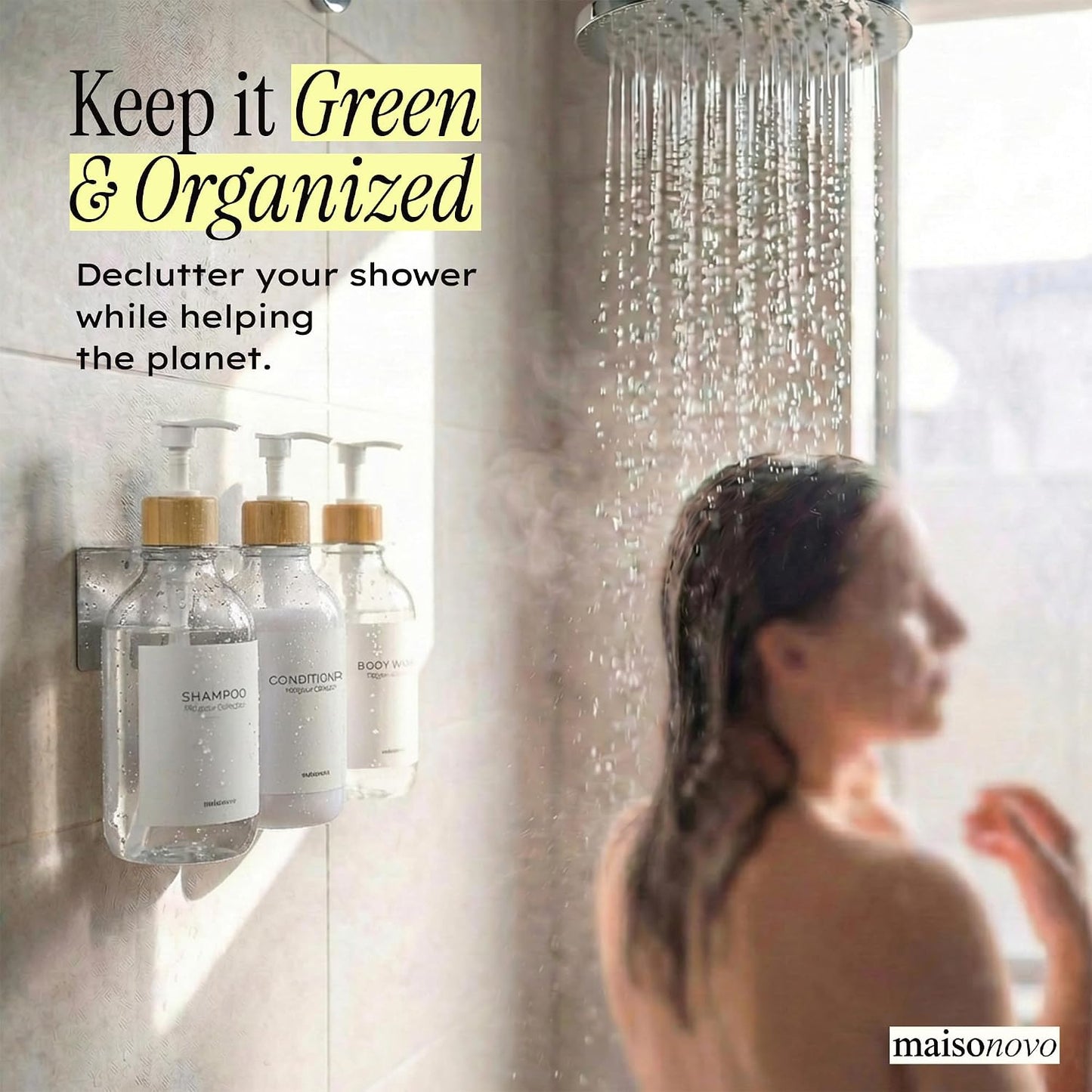 MaisoNovo Shampoo and Conditioner Dispenser|Refillable Black Set of 3 | 500 ml Shower Gel Dispenser Set of 3. Refillable Shampoo and Conditioner Bottles. Drill Free Secure Design. Black