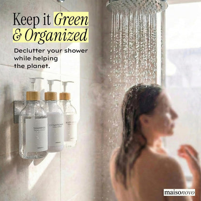 MaisoNovo Shampoo and Conditioner Dispenser|Refillable Black Set of 3 | 500 ml Shower Gel Dispenser Set of 3. Refillable Shampoo and Conditioner Bottles. Drill Free Secure Design. Black